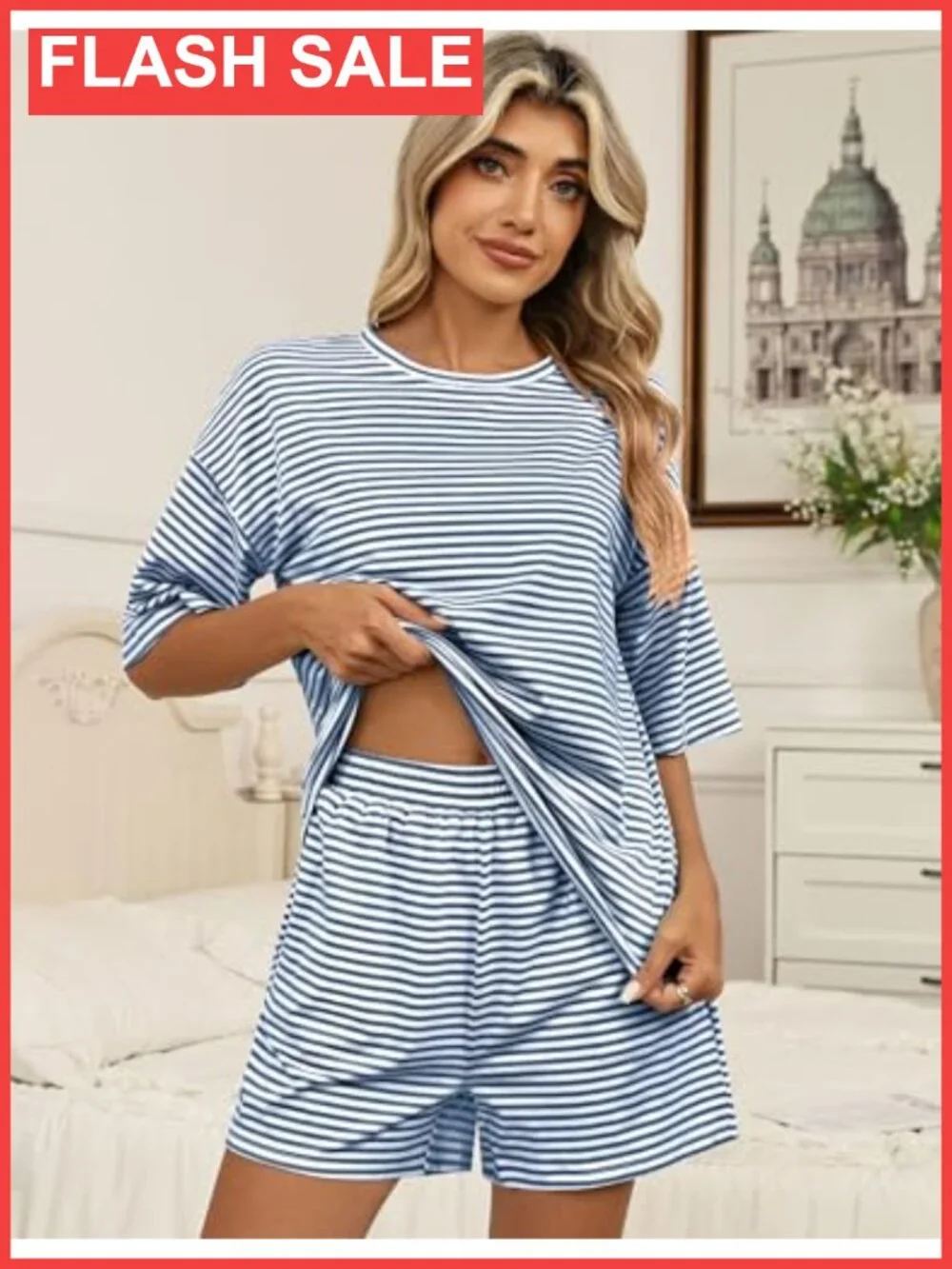 3/4 Sleeve Pajama Set with Elastic Waist Pocket Shorts